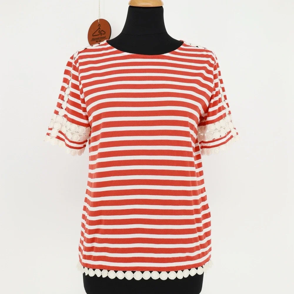 J. Crew Red White Stripe Lace Short Sleeve Crewneck Pullover Cotton Top F7534 XS